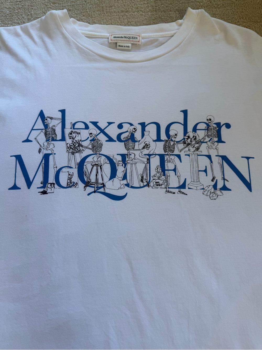 Alexander McQueen White Tee with Blue Logo Script - Picture 2 of 7